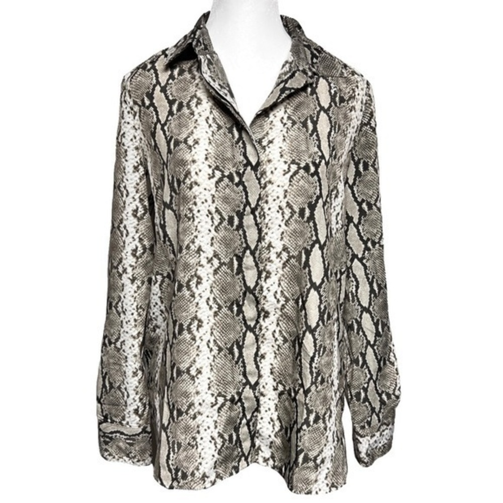 Ellen Tracy Snakeskin Blouse Chiffon Collar Button Up Anti Wrinkle Women’s Small